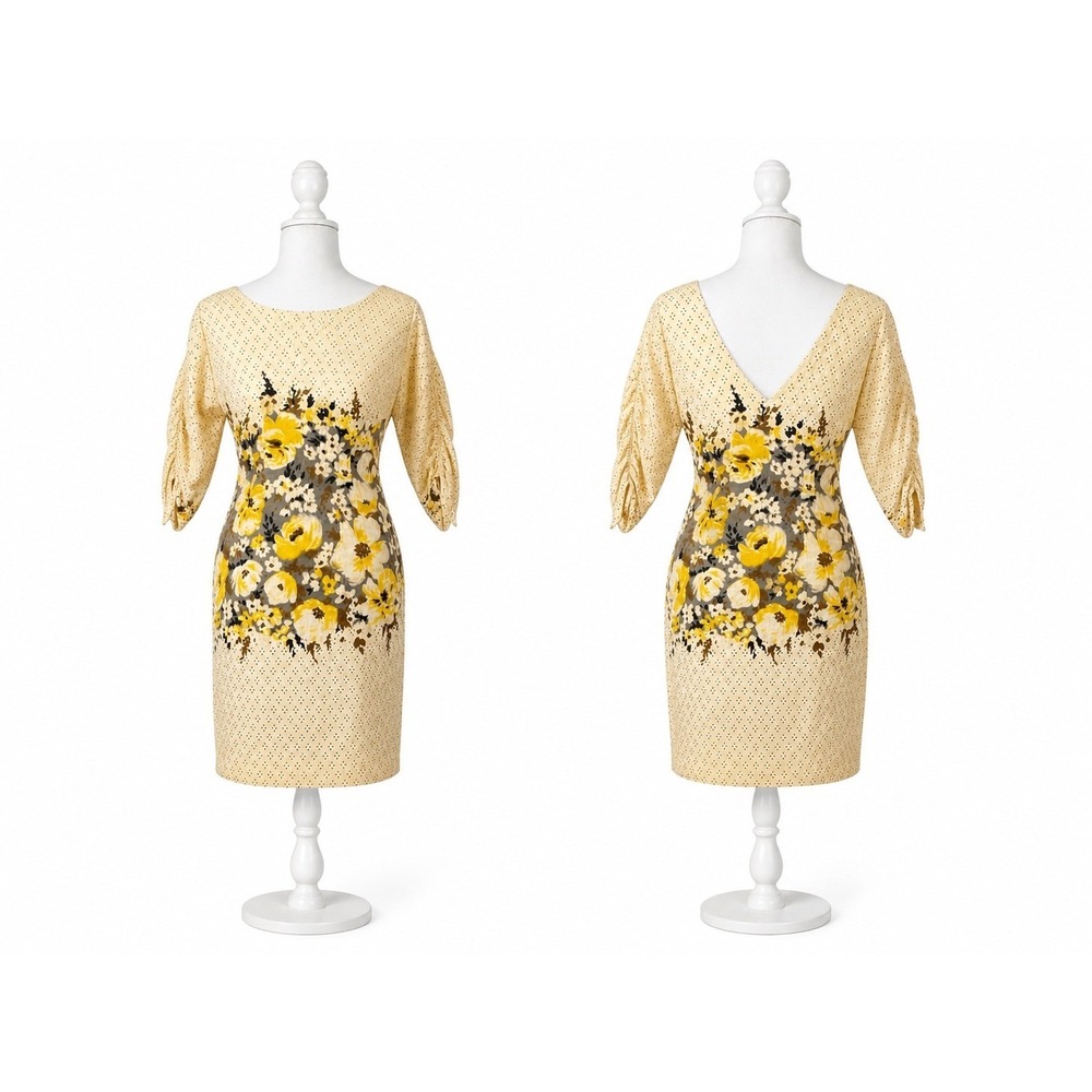 Anthropologie Meadow Rue Linen Silk Floral Sheath Dress‎ Yellow V Back XS US 2